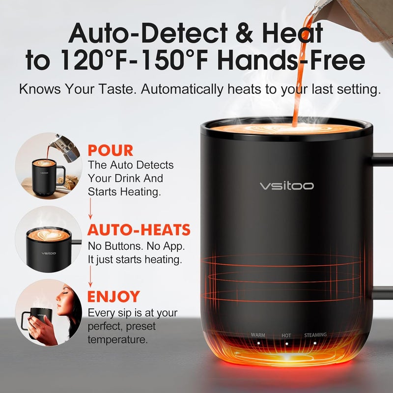 vsitoo S3 Plus 14oz Heated Coffee Mug - Temperature Control Smart Mug with Mug Warmer, Auto-Sensing AI Heats Drinks to 120-150°F Hands-Free.Ideal for Home/Office/Gifts，Black - Image 2